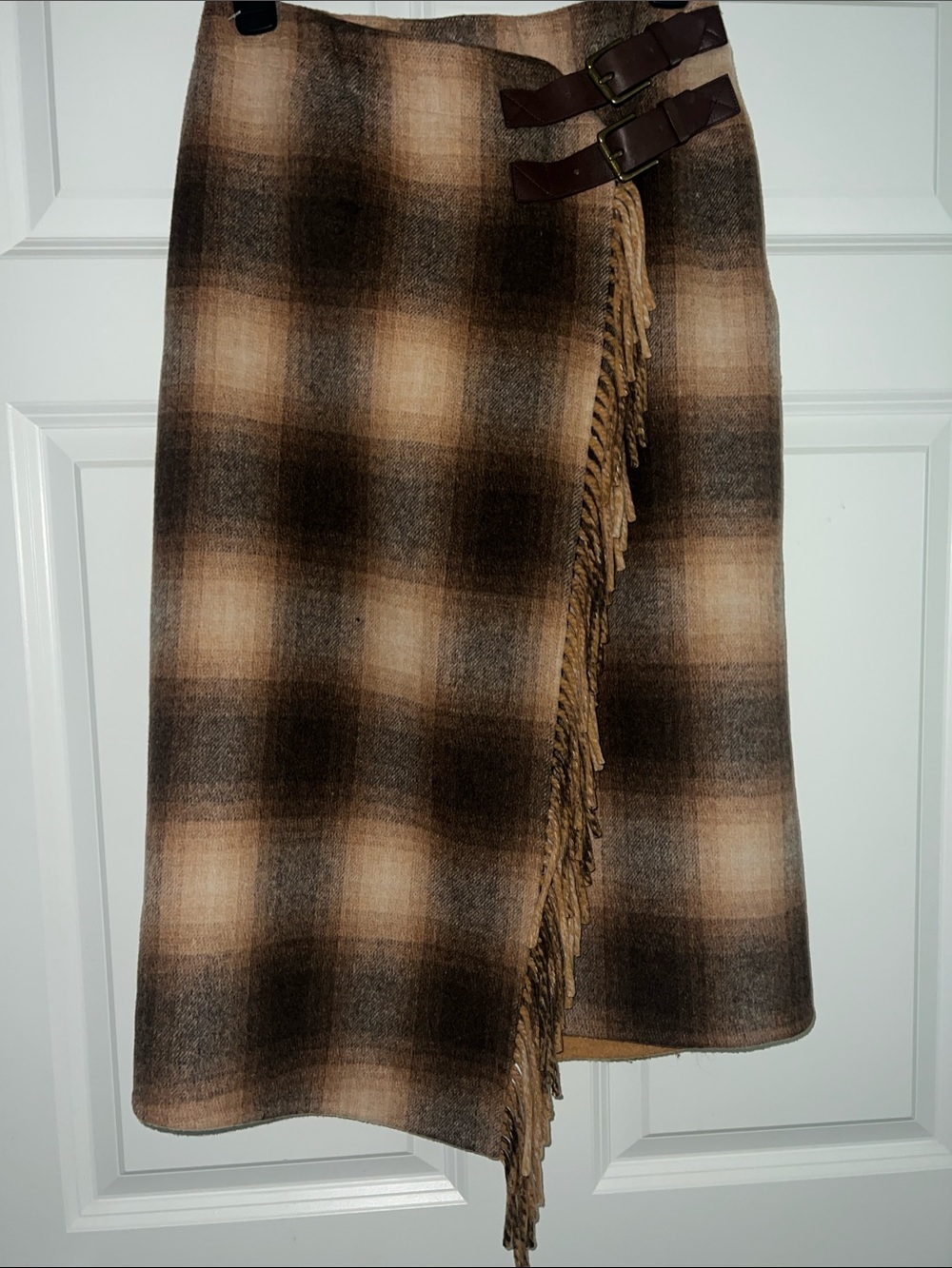 Fringe Wrap Plaid Midi Skirt in Brown